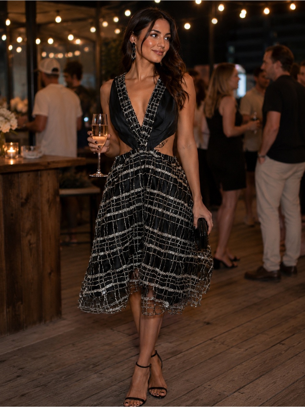 Latiste Cutout Black silver sparkle glitter midi dress
